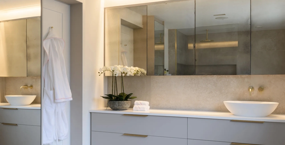 High Bank House, Alderley Edge - Bathroom with Round Edge Pull (EP1005) in Brushed Brass Waxed - BBW on a vanity unit
