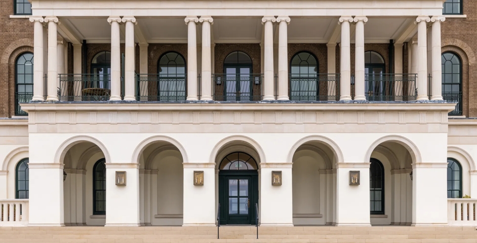 Poundbury - Exterior with Adelphi Door Pull (DP1015) on bespoke backplate in Mid Antique Brass Waxed - MABW