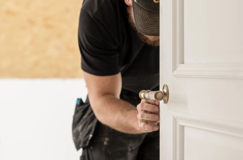 Image of the Hamilton lever (LV1990) being installed into a white door.