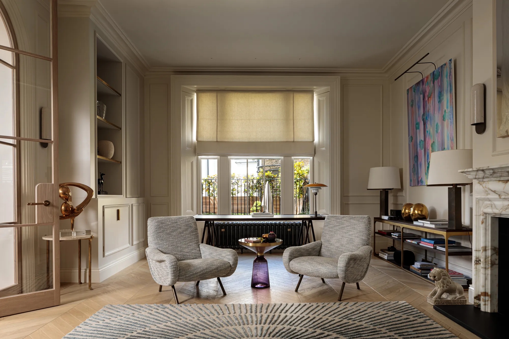 De Vere House (Victoria Road) - Living Room with Darlington II Lever Handles (LV1160) & Cube Small Intricately Hammered Edge Pull (EP1012) in Mid Antique Brass Waxed - MABW