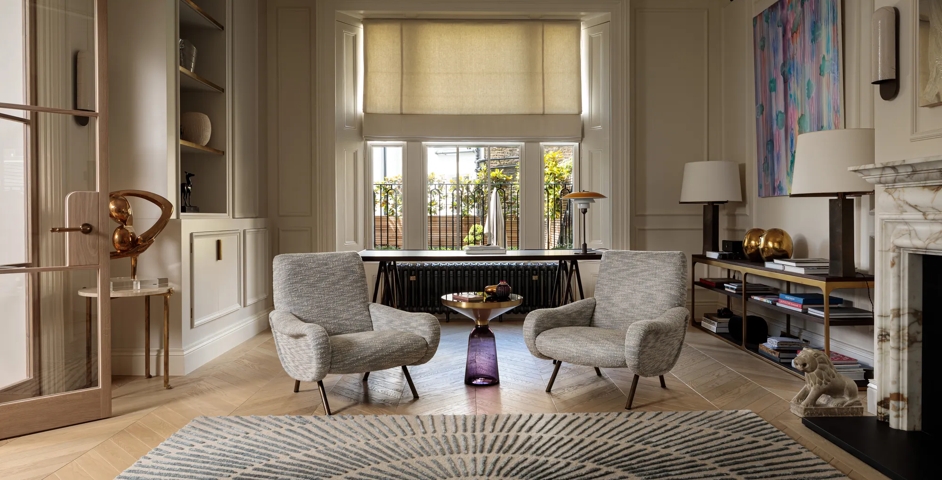 De Vere House (Victoria Road) - Living Room with Darlington II Lever Handles (LV1160) & Cube Small Intricately Hammered Edge Pull (EP1012) in Mid Antique Brass Waxed - MABW
