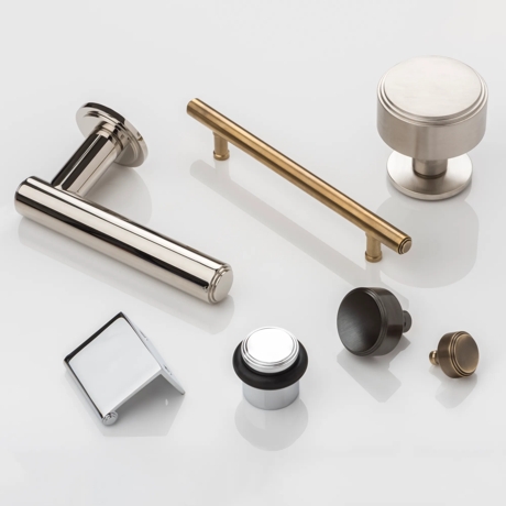 Bartlett Group Shot (LV1058, DS1002, CP1004, EP1001, DK1020, CH1071) in Polished Nickel - PN, Dark Bronze Waxed - DBZW & Mid Antique Brass Waxed - MABW on white background