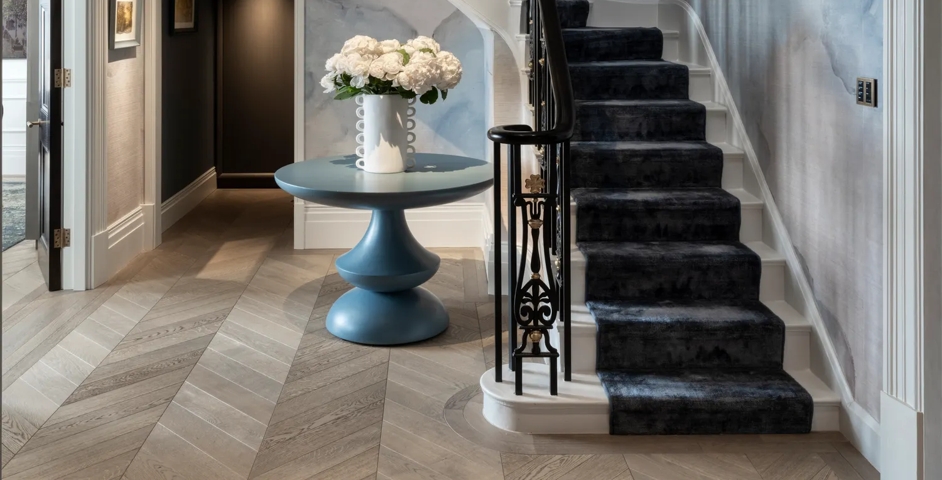 Belgravia Residence (Eaton Square) - Hallway with Montgomery Diamond Knurl Lever Handle (LV1142) & Ethan Hinge (HG1038) in Mid Antique Brass Waxed - MABW